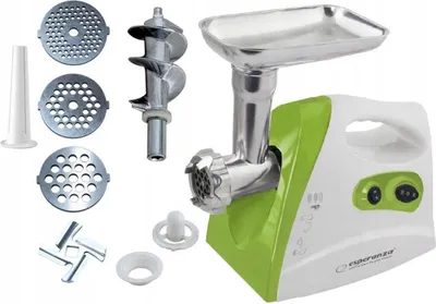 A meat grinder with various accessories displayed on a white background.