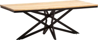 Esszimmertisch 200x100 Akazie mit schwarzem Metallgestell in Sternform, Gesamtansicht.