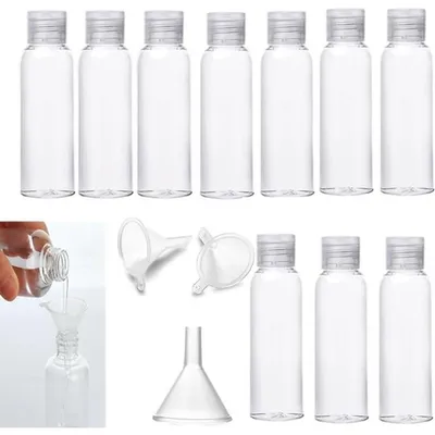 Produktbild von Set von 10 transparenten Reiseflaschen 100 ml mit 3 Trichtern für Shampoo, Lotion und Creme