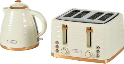 A cream-colored kettle and toaster set with gold accents, displayed against a white background.