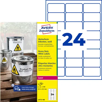 Produktbild von Avery Zweckform L4773-100, Wetterfeste Folien-Etiketten, A4, 63,5 x 33,9 mm, 2.400 Etiketten / 100 Bögen, weiß