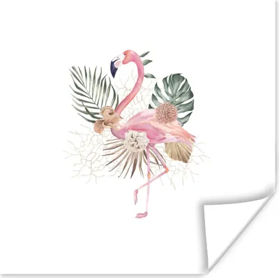 Produktbild von MuchoWow® Poster Flamingo - Blätter - Blumen - Zeichnung 100x100 cm - Babyzimmer