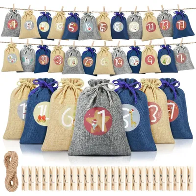 Productafbeelding van Adventskalender met 24 zakjes, genummerd, geschikt om te vullen, groot, van dik katoenmengsel (polyBaumwolle)