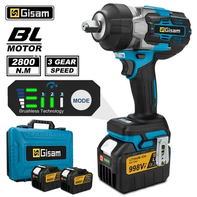 Produktbild von Gisam Akku-Schlagschrauber 1/2 Zoll, bürstenlos, 18V, 2800 Nm, mit 2 Akkus, Ladegerät und Koffer, kompatibel mit Makita 18V Akkus
