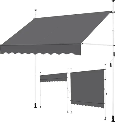 A dark gray awning is shown in a studio setting with a white background. The awning is extended and supported by white poles. Smaller, retracted awnings are shown in the foreground.