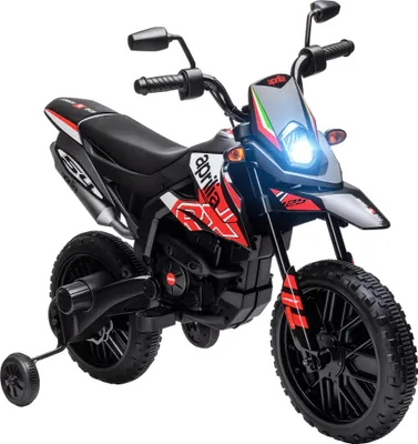 Image de AIYAPLAY Moto électrique enfants moto cross pour enfant sous licence Aprilia avec 2 moteurs 12V, vitesse max. 6 km/h, roues d'entraînement, suspension à ressort, lumière LED, musique, USB - rouge