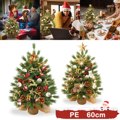 Produktbild von VA-Cerulean Mini Künstlicher Weihnachtsbaum 60 cm mit Beleuchtung – Tischweihnachtsbaum, Tannenbaum & Christbaum mit Kiefernblättern und roten Beeren, 65 PE-Zweige, 30 warmweiße LEDs