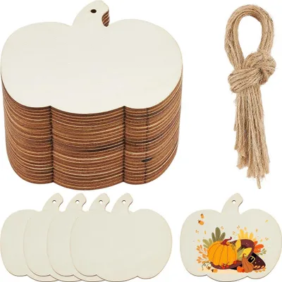 Image de 1 boîte de 24 pendentifs en forme de citrouille en bois, pour la décoration d'automne, de couleur blanc antique, avec corde en chanvre pour la suspension
