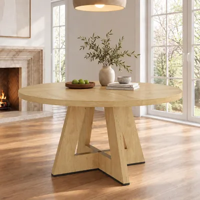 Obrázek produktu pro Kulatý jídelní stůl Flieks pro 4-6 osob, rozměry 120x120x75 cm, kuchyňský stůl, barový stůl do obývacího pokoje a jídelny, dubové dřevo