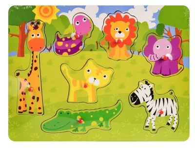 Produktbild von Holzpuzzle für Kinder mit Safari-Motiv, Tierfiguren und großen Griffen