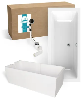 Produktbild von Calmwaters® Badewanne Komplettset 170x75 cm Modern Select, Acryl-Badewanne mit Wannenträger und Excenter-Ablaufgarnitur, Körperformbadewanne für Zwei, Rechteckbadewanne 170 x 75, Weiß, 99000157