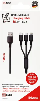 Produktbild von 2GO 3in1 USB Ladekabel Micro-USB,Apple,TypeC Nylon 1,5m sw