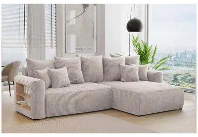 Produktbild von MEBLINI Schlafcouch mit Bettkasten - 260x160x78cm - Beige Cordstoff - NAPLES - Kleines Ecksofa mit Schlaffunktion - Sofa mit Relaxfunktion und Kissen - Kleine Couch L-Form - Eckcouch
