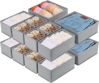 Produktbild von Famanu Kleiderlade Organizer Set 16 Stück - Faltbare Ladeunterteilungen und Stoffwürfel Aufbewahrungsboxen, grau