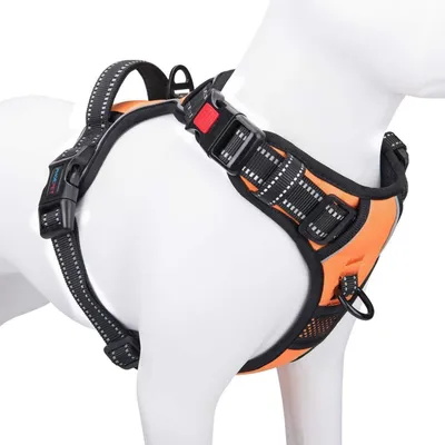 Productafbeelding van Reflecterende, verstelbare hondentuig met handvat, model "Zickzack", in de maat XS, kleur zwart met oranje/rood