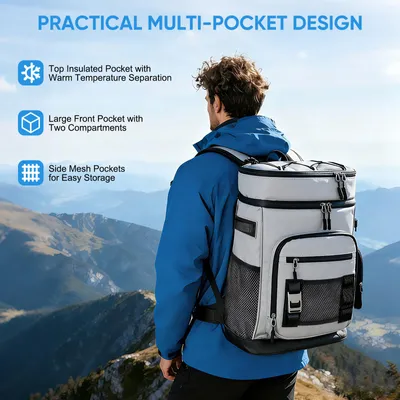 Produktbild von Kühlrucksack - 30-L-Picknickrucksack - Isoliert - Zwei Fächer - Besteckfach - Wasserfest und auslaufsicher - Grau