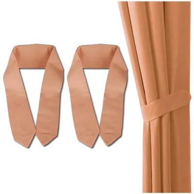 Two fabric curtain tie-backs are shown on a white background, and a section of a brown curtain is shown on the right, held by a tie-back.