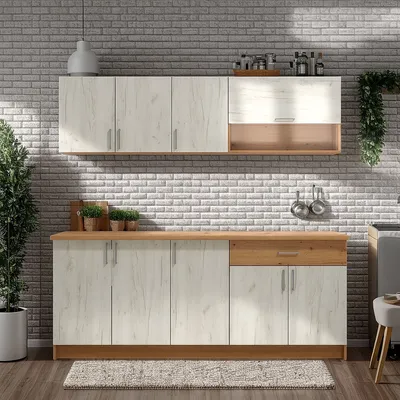 Produktbild von Homestyle4u Küche Modern Holz Eiche Küchenzeile ohne Geräte Einbauküche Singleküche 200 cm Shabby Weiß