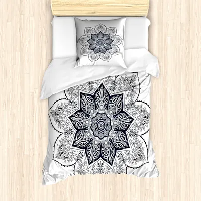 Produktbild von ABAKUHAUS Blatt Bettbezug Set für Einzelbetten, Ethnischer spiritueller Bohemian, Milbensicher Allergiker geeignet mit Kissenbezug, Schwarz Weiß
