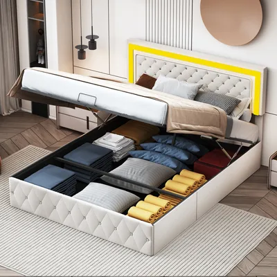 Immagine prodotto di Letto imbottito ProximaX Beige 140x200cm, letto matrimoniale con contenitore, testata regolabile in altezza, illuminazione LED e rete a doghe, rivestimento in velluto