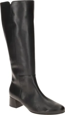 A studio shot of a single black leather boot.