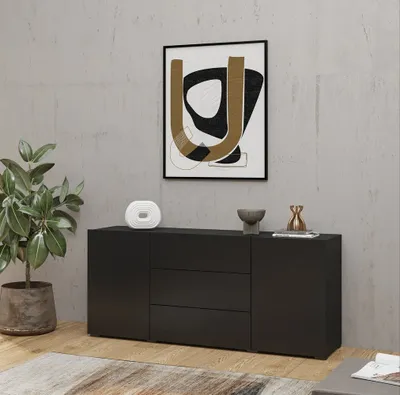 Produktbild von Buffet Glora mit 3 Schubladen und 2 Türen, Schwarz, 140cm