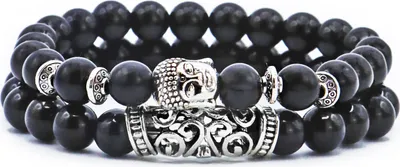 Produktbild von 2-teiliges Armband mit Buddha Kopf, Naturstein, Damen Herren, J0252 Schwarz