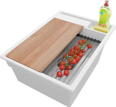 Produktbild von PRIMAGRAN Spülbecken Weiß 38x53cm, Granitspüle 1 Becken + Ablauf-Set + Küchenzubehörset, Küchenspüle ab 40er Unterschrank - Oslo Pocket