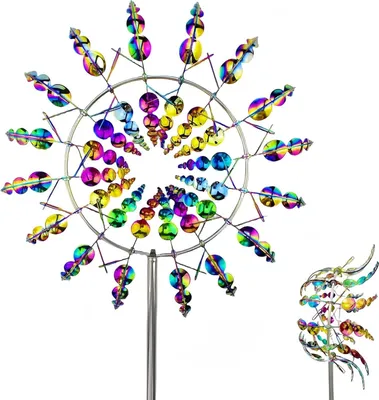 Produktbild von Magische Windmühle aus Metall 3D-windausgelöste kinetische Skulptur - Farbenfrohes Design für Garten, Terrasse und Innenhof