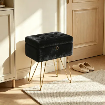 Produktbild von Schminkhocker mit Stauraum Kunstfell Schwarz quadratisch Sitzhocker für Schlafzimmer 40 x 30 x 48 cm