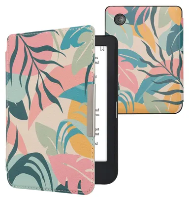 Produktbild von kwmobile Schutzhülle für Kobo Clara 2E / Tolino Shine 4 Hülle - eReader Flip Case mit Auto Sleep Funktion - Tropischer Dschungel mit Rosa Gelb Grün