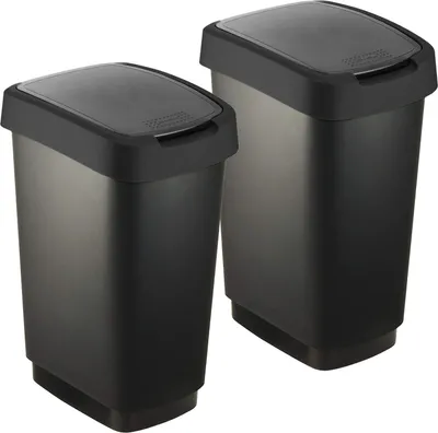 Two black trash cans with lids are shown against a white background.