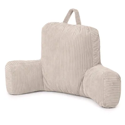 A beige corduroy backrest pillow with armrests is shown against a white background.