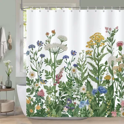 Produktbild von Omgoods – Duschvorhang mit Wildblumendesign – Wasserdicht und schimmelresistent, 183x183 cm
