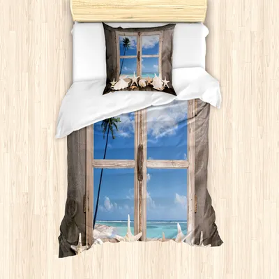 Produktbild von ABAKUHAUS Strand Mantele, Muscheln Seestern Palms, Milbensicher Allergiker geeignet mit Kissenbezügen, 135 cm x 200 cm - 80 x 80 cm, Pale Brown Sky Blue