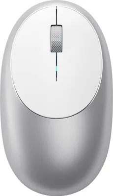 A top-down view of a silver and white wireless computer mouse against a white background.
