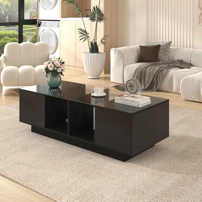 Produktbild von MODFU Couchtisch Wohnzimmertisch LED-Hochglanz für Wohnzimmer, Schlafzimmer, Beistelltisch Rechteckiger mit 2 Tür und Glasablage, Schwarz