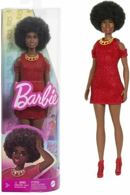Image de Barbie Fashionistas 221 poupée aux cheveux noirs et à la robe rouge HRH18