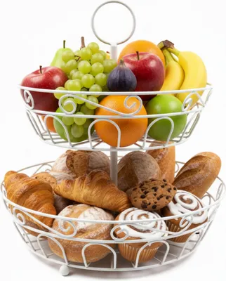 Produktbild von Relaxdays Obst Etagere, 2-stöckig, Metall, HxD: 30 x 31 cm, Obst & Gemüse, mit Griff, runde Obstschale, Obstkorb, weiß