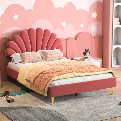 Produktbild von ProximaX Polsterbett 140x200 cm – Doppelbett mit Blumen-Kopfteil & Lattenrost – Samt – Rot