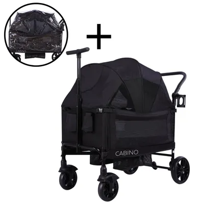 Produktbild von Cabino Bollerwagen Waggie Schwarz – faltbarer Handwagen für 2 Kinder mit Gurten, abnehmbarem Sonnendach, Tablett und Becherhalter, bis 50 kg