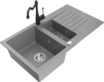 Produktbild von Mexen Matias 1,5-Becken-Granitspüle mit Abtropffläche und Mischbatterie Carla, Grau - 6502-71-670700-70