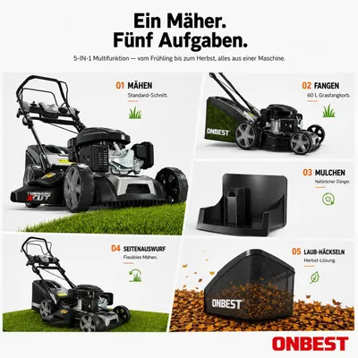 Produktbild von ONBEST Rasenmäher Benzin mit Antrieb TXC-3653E | 53 cm Schnittbreite | Elektrostart | 6,5 PS | Doppelmesser mit Sograd