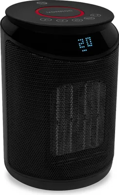 A black ceramic heater with a digital display and control panel.