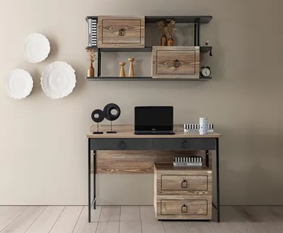Produktbild von Schreibtisch Holz Schubladen Metallakzente Schwarz Modernes Arbeiten Büro Möbel