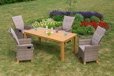 Produktbild von Merxx 9tlg. Toskana Set -  4 Hochlehnersessel inkl. Kissen, 1 Tisch, 185 x 90 cm - Farbe: beige - Maße: Sessel: 65,5x59/87x110  Tisch: 185 x 90 x 75 cm; 4x 28401-211 +  1x 23135-011