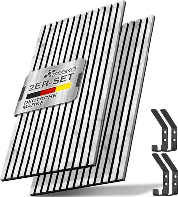 Produktbild von TRESKO® 2 Stück Akustikpaneele Holz 120×60 cm inkl. 4x Kleiderhaken | Wandverkleidung Weiß/Marmor als 3D Lamellenwand | Holzpaneele Paneele für Schallschutz | Akustik Wandpaneele mit Montageset