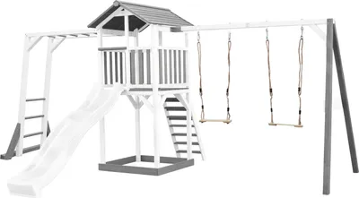 Produktbild von AXI Beach Tower Spielturm aus Holz in Weiß & Grau | Spielhaus für Kinder mit weißer Rutsche, Klettergerüst, Doppelschaukel und Sandkasten | Stelzenhaus für den Garten