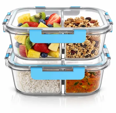 Produktbild von Arendo Frischhaltedosen Glas mit Deckel, 2 Fächer, Lunchbox, Vorratsdosen, 2er Set, 1500 ml, stapelbar, Bento, Meal Prep, Mikrowellen-, ofen-, gefrier- und spülmaschinengeeignet