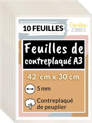 Image de Creative Deco 10 x A3 Contreplaqué 420 x 300 x 5mm (+/-0,5mm) Bois Brut Peuplier